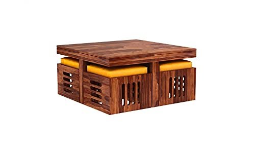 Custom Decor Wooden Coffee Table with 4 Stools for Living Room (Matt Polish Finish,Yellow Cushion) - Honey Teak Brown