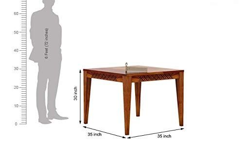 31V8-vok3lL Custom Decor CNC Cuting Sheesham Wood Dining Table 4 Seater | Wooden Dining Room Furniture | 4 Chairs with Yellow Cushion | Honey Teak Brown Finish - Image 3