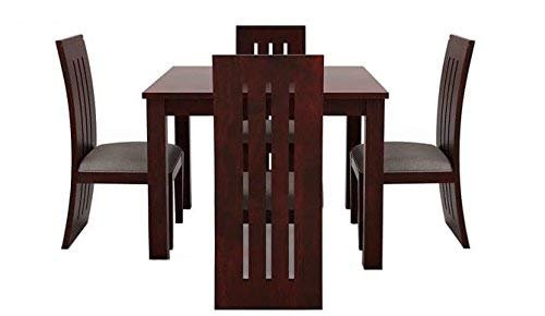 Custom Decor Sheesham Wood Dining Set of 4 | Wooden Dining Table with Chairs | Dining Room Set | with Grey Cushion | Mahogany Finish