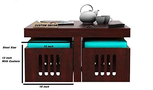41DY7p6-TDL Custom Decor Wooden Coffee Table with 4 Stools for Living Room | Matt Polish Red Mohogany Finish, with Sky Blue Cushion - Image 4