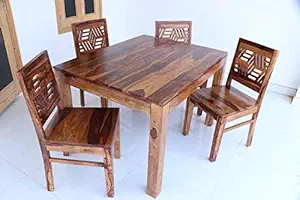 Custom Decor Sheesham Wooden Dining Table 4 Seater | Balcony Dining Table Set with 4 Chairs | Home Dining Room Furniture | Natural Teak Finish