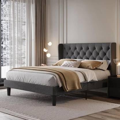 Custom Decor Fabric Upholstered King Size Bed with Button Tufted Headboard for Bedroom || Solid Wood Bed | (Grey Kaizen, King (U.K. Standard))
