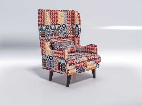 41+an6rVF7L - Copy Custom Decor Wooden Wing Chair Without Ottoman Stool | Wingback for Living Room | One Seater Sofa | High Density Foam | Accent Chair for Seating and Home Decor Furniture | (Marwadi, Without Ottoman) - Image 9