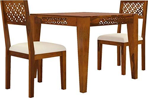 Custom Decor Sheesham Wood Dining Table with 2 Chairs for Living Room | Teak Finish