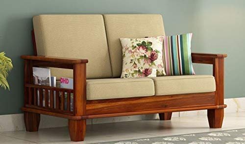 Custom Decor Solid Sheesham Wood 2 Seater Sofa Set for Living Room | Solid Wood Sofa with Cushions and Storage | DIY Assembly - All Accessories Included (Honey-Beige, 2 Seater)