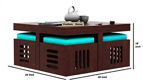 Custom Decor Wooden Coffee Table with 4 Stools for Living Room | Matt Polish Red Mohogany Finish, with Sky Blue Cushion