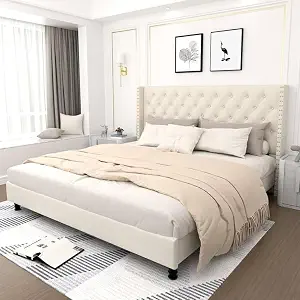 Custom Decor Fabric Upholstered King Size Bed with Button Tufted Headboard for Bedroom || Solid Wood Bed | (Ivory Dutton, King (U.K. Standard))