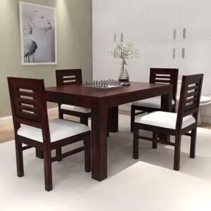 Custom Decor Solid Sheesham Wood Four Seater Dining Table Set with 4 White Colour Cushion Chairs for Dining Room Living Room Home (4 Seater, Urban-W)