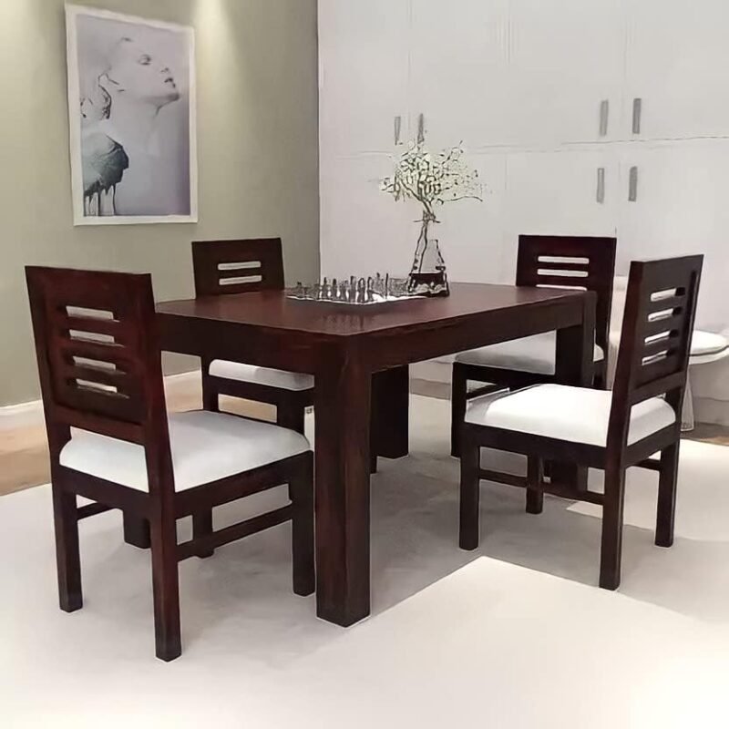 Custom Decor Solid Sheesham Wood Four Seater Dining Table Set with 4 White Colour Cushion Chairs for Dining Room Living Room Home (4 Seater, Urban-W)
