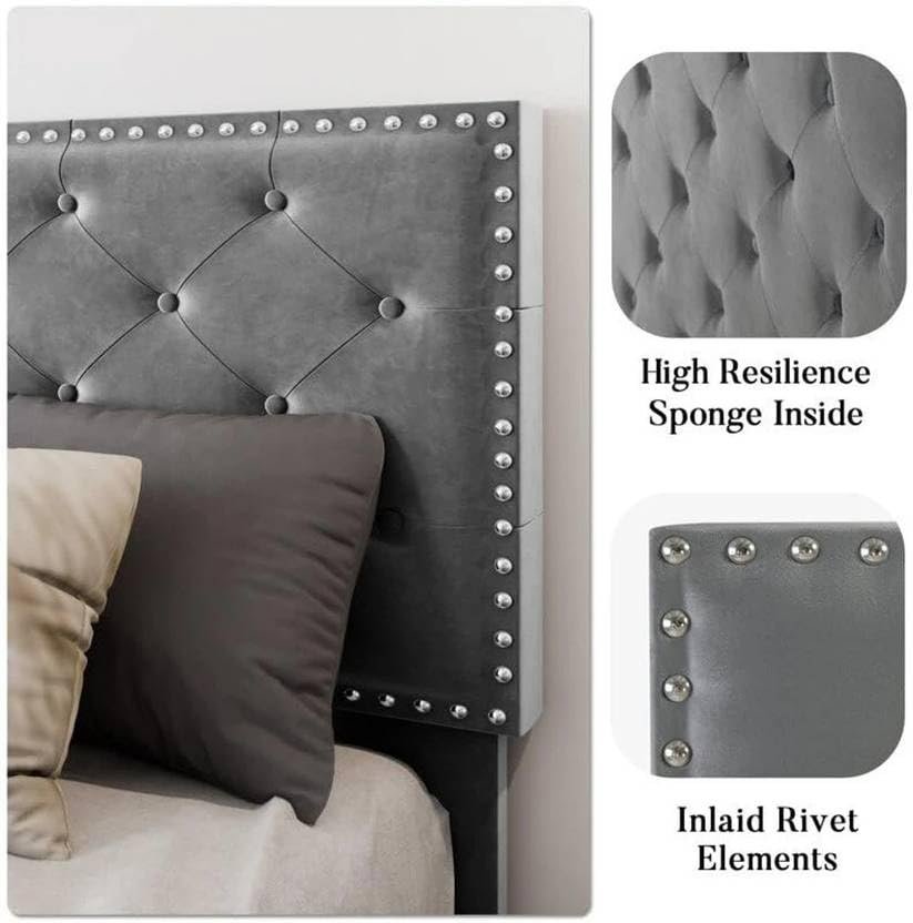 51G23TblwTL Custom Decor Fabric Upholstered King Size Bed with Button Tufted Headboard for Bedroom || Solid Wood Bed | (Grey Kylian, King (U.K. Standard)) - Image 5