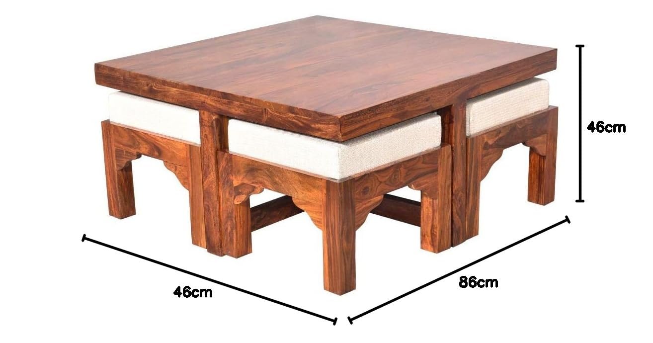 51HQFw2rw0L._SL1314_ Custom Decor Wooden Coffee Table with 4 Stools for Living Room | Glossy Polish Teak Finish, with Cushion - Image 3