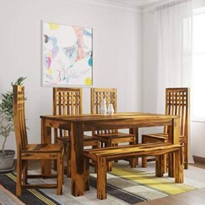 Custom Decor Sheesham Wooden Dining Table Six Seater | Dining Table Set with 4 Chairs & Bench | Home Dining Room Furniture | Teak Finish