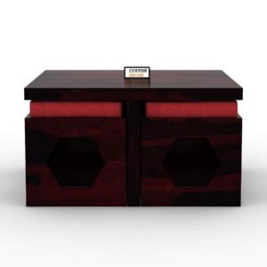 Custom Decor Wooden Coffee Table with 4 Stools for Living Room | Walnut Finish with Cushion (Design 1, Red)
