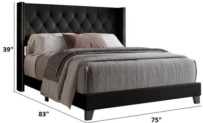 51P6sn8Ik9L Custom Decor Fabric Upholstered King Size Bed with Button Tufted Headboard for Bedroom || Solid Wood Bed | (Black Waylen, King (U.K. Standard)) - Image 3
