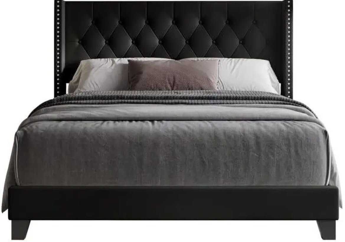 51P7EeHvsAL._SL1169_ Custom Decor Fabric Upholstered King Size Bed with Button Tufted Headboard for Bedroom || Solid Wood Bed | (Black Waylen, King (U.K. Standard)) - Image 4