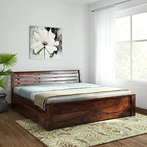 Custom Decor Sheesham Wood King & Queen Size Wooden Storage Bed Solid Back Rest Cushion Honey Finish (King, Deisgn 2)