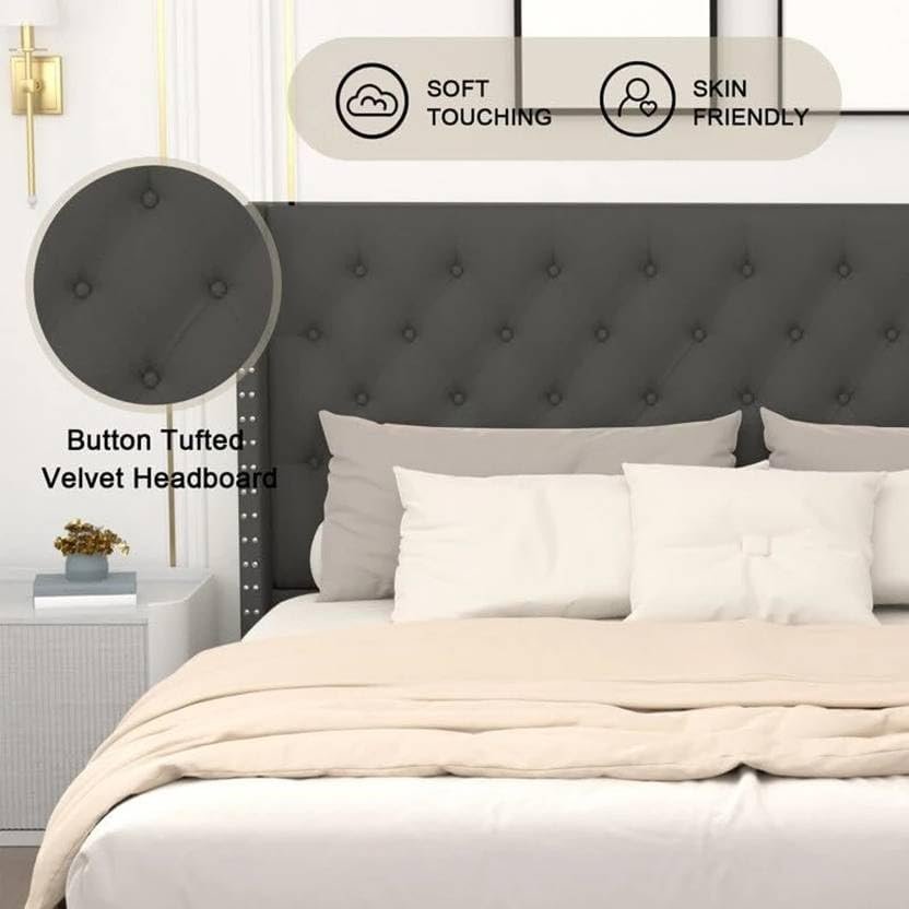 51SBJu17SqL Custom Decor Fabric Upholstered King Size Bed with Button Tufted Headboard for Bedroom || Solid Wood Bed | (Grey Royal, King (U.K. Standard)) - Image 4