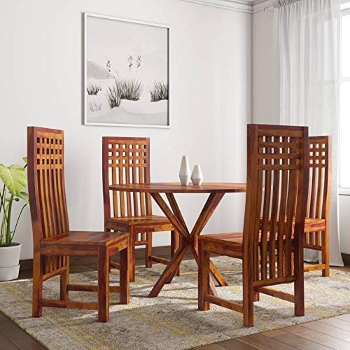 Custom Decor Sheesham Wood Wooden Round Dining Table with 4 Chairs for Living Room | Honey