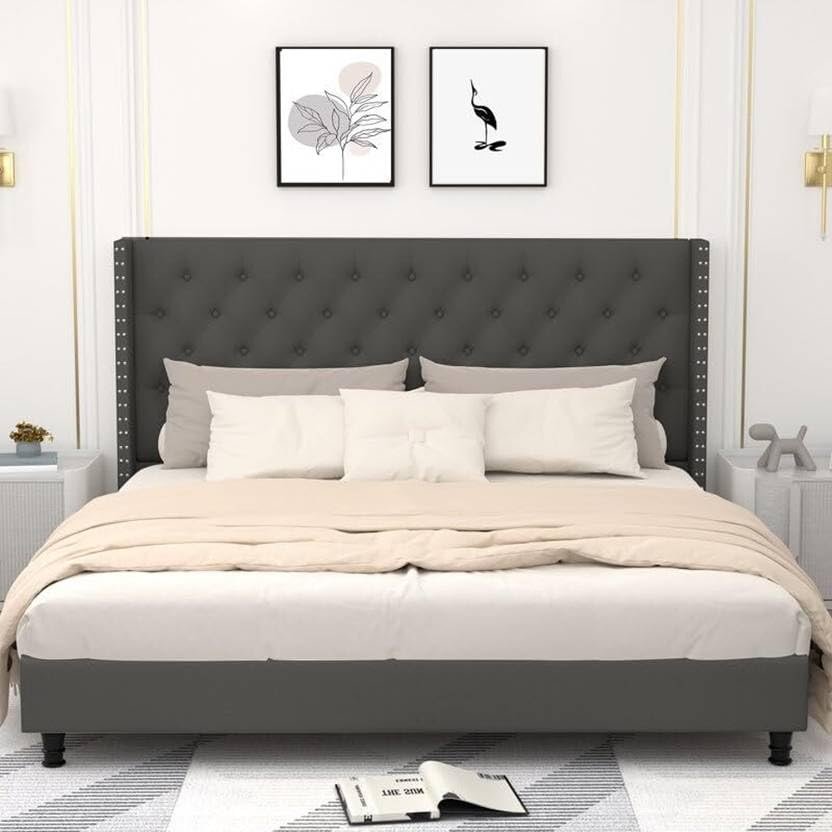 51fBQZYiQIL Custom Decor Fabric Upholstered King Size Bed with Button Tufted Headboard for Bedroom || Solid Wood Bed | (Grey Royal, King (U.K. Standard)) - Image 6