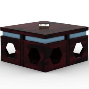 Custom Decor Wooden Coffee Table with 4 Stools for Living Room | Walnut Finish with Cushion (Design 4, Blue)