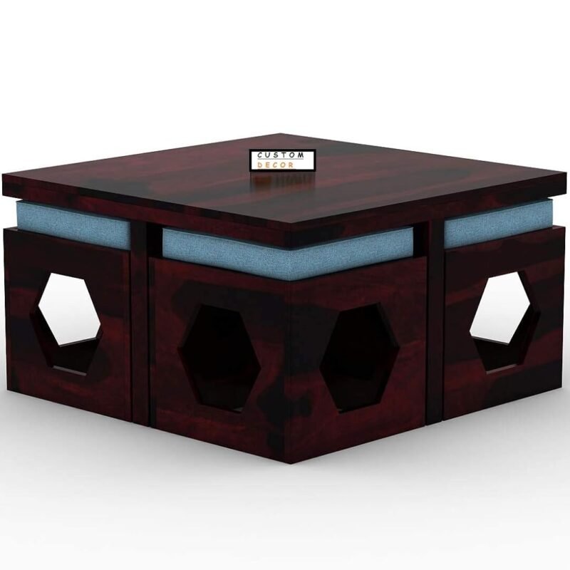 Custom Decor Wooden Coffee Table with 4 Stools for Living Room | Walnut Finish with Cushion (Design 4, Blue)