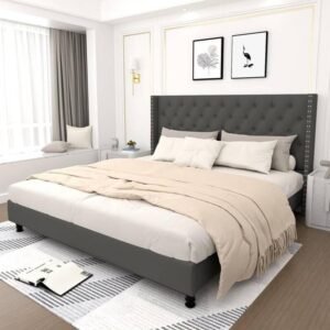 Custom Decor Fabric Upholstered King Size Bed with Button Tufted Headboard for Bedroom || Solid Wood Bed | (Grey Royal, King (U.K. Standard))