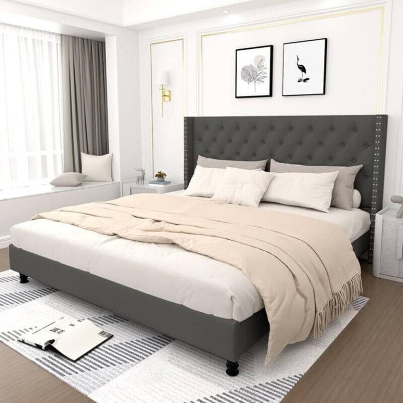 Custom Decor Fabric Upholstered King Size Bed with Button Tufted Headboard for Bedroom || Solid Wood Bed | (Grey Royal, King (U.K. Standard))