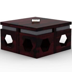 Custom Decor Wooden Coffee Table with 4 Stools for Living Room | Walnut Finish with Cushion (Design 3, Grey)
