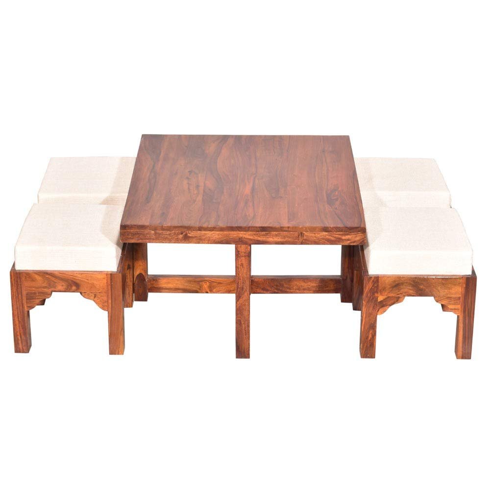51n5BsTIe+L._SL1000_ Custom Decor Wooden Coffee Table with 4 Stools for Living Room | Glossy Polish Teak Finish, with Cushion - Image 6