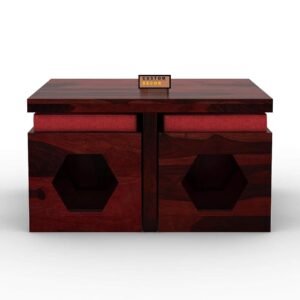 Custom Decor Wooden Coffee Table with 4 Stools for Living Room | Mahogany Finish with Cushion (Design 1, Red)
