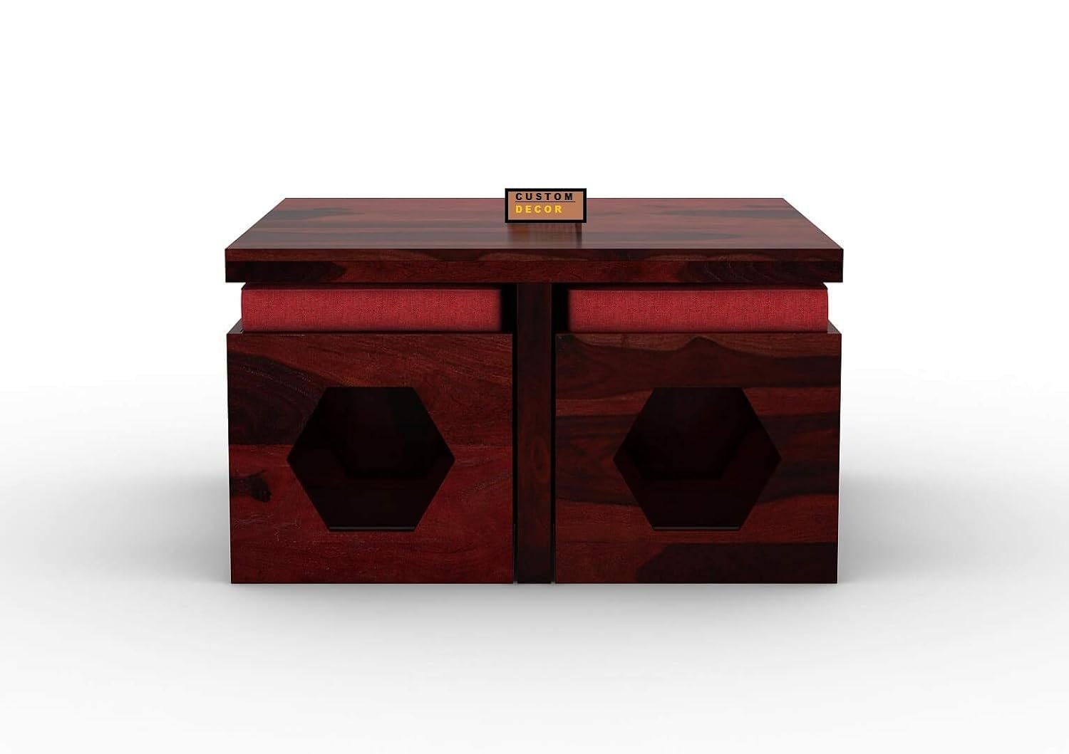 51pGwCBKQvL._SL1500_ Custom Decor Wooden Coffee Table with 4 Stools for Living Room | Mahogany Finish with Cushion (Design 1, Red)