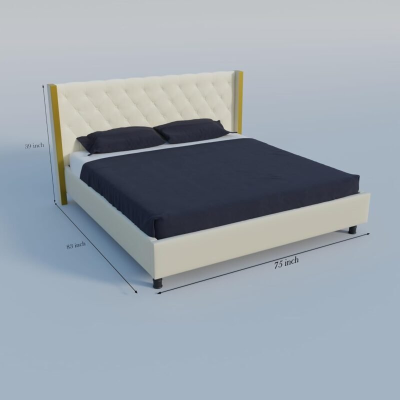 Custom Decor Wood Fabric King Size Bed with Upholstered Headboard for Bedroom | Engineered Wood King Bed (Finish Color - White Cassius |