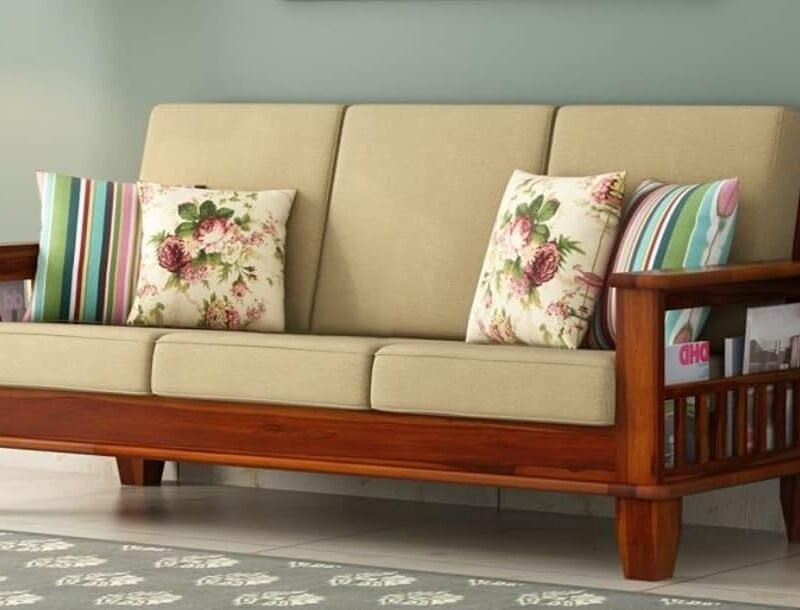 Custom Decor Wooden 3 Three Seater Sofa Set for Living Room and Office | 3 Seater Honey Finish | (Honey, 3 Seater)