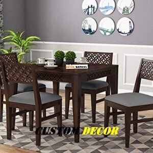 Custom Decor CNC Cuting Sheesham Wood Dining Table 4 Seater | Wooden Dining Room Furniture | 4 Chairs with Gray Cushion | Walnut Finish