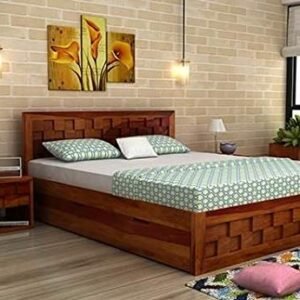 Custom Decor King Sheesham;Plywood Bed with Storage -(Honey Finish_Brown)