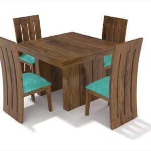 Custom Decor Sheesham Wood 4 Seater Dining Table Set with Cream Cushioned Chairs for Home (Teak) 4 Seater White Sky Blue