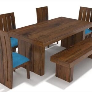 Custom Decor Sheesham Wood Dining Set for Living Room | with Four Chair and One Bench | Honey Finish 6 Seater Foster with Bench SkyBlue