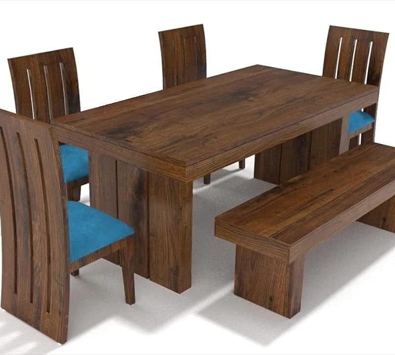 Custom Decor Sheesham Wood Dining Set for Living Room | with Four Chair and One Bench | Honey Finish 6 Seater Foster with Bench SkyBlue