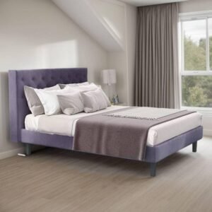 Custom Decor Fabric Upholstered King Size Bed with Button Tufted Headboard for Bedroom || Solid Wood Bed | (Dark Grey, King (U.K. Standard))