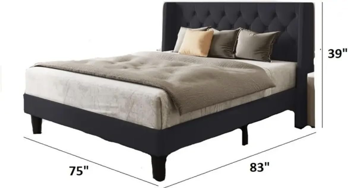51zUnHHQf2L._SL1172_ Custom Decor Fabric Upholstered King Size Bed with Button Tufted Headboard for Bedroom || Solid Wood Bed | (Black Koa, King (U.K. Standard)) - Image 3