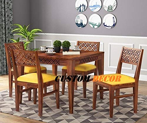 51zcgtlcknL Custom Decor CNC Cuting Sheesham Wood Dining Table 4 Seater | Wooden Dining Room Furniture | 4 Chairs with Yellow Cushion | Honey Teak Brown Finish - Image 2