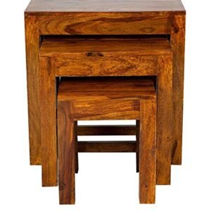Custom Decor Sheesham Wood Nesting Table Set of 3 Stools for Home - Oak Finish