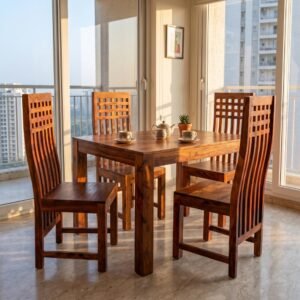 Custom Decor Sheesham Wood Wooden Dining Table with 4 Curvy Chairs | Home and Living Room | Teak Finish | Brown