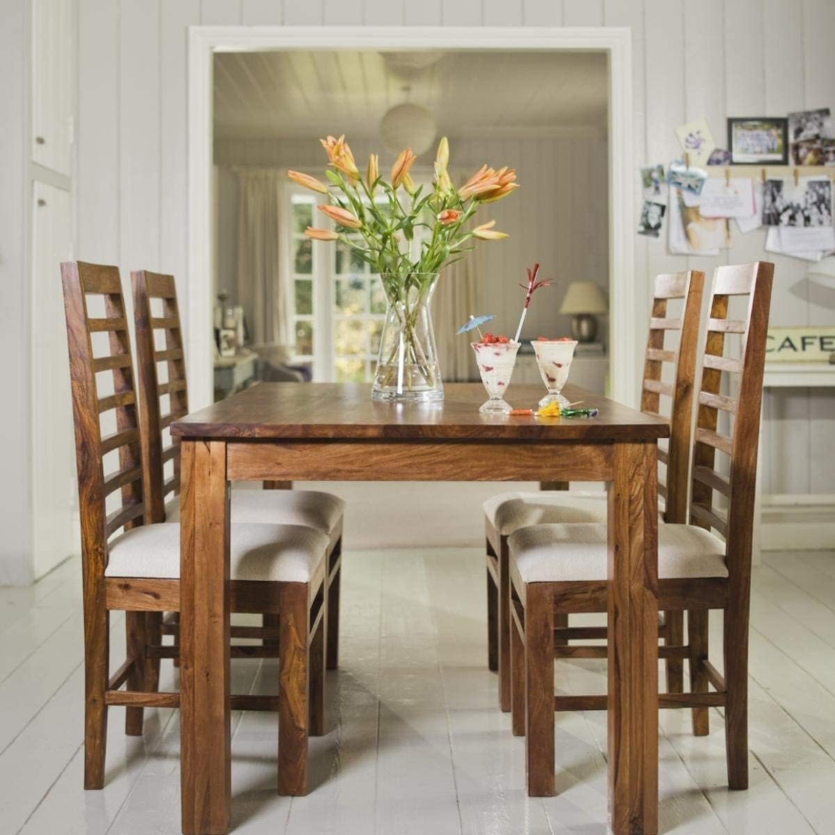 612HerYQ14L._SL1200_ Custom Decor Solid Sheesham Wood Four Seater Dining Table Set with 4 White Colour Cushion Chairs for Dining Room Living Room Home (4 Seater, Seven-Line) - Image 4