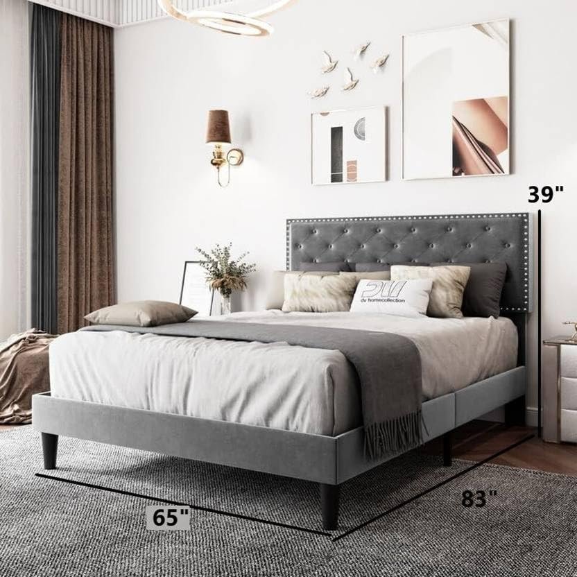 614zLFssiHL Custom Decor Fabric Upholstered King Size Bed with Button Tufted Headboard for Bedroom || Solid Wood Bed | (Grey Kylian, King (U.K. Standard)) - Image 3
