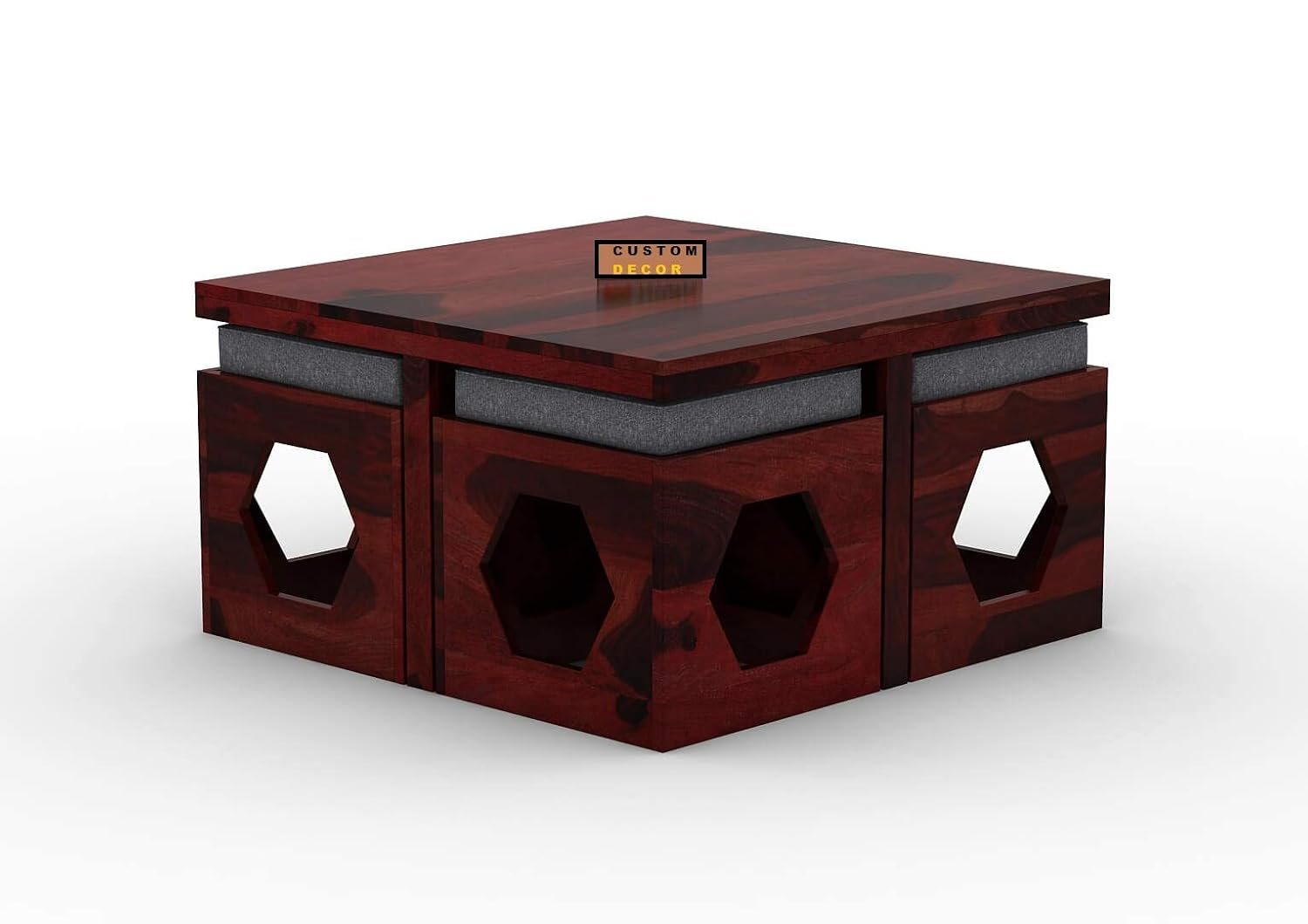 615uc8TDtpL._SL1500_ Custom Decor Wooden Coffee Table with 4 Stools for Living Room | Mahogany Finish with Cushion (Design 3, Grey) - Image 4