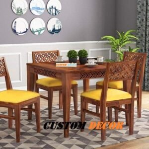 Custom Decor CNC Cuting Sheesham Wood Dining Table 4 Seater | Wooden Dining Room Furniture | 4 Chairs with Yellow Cushion | Honey Teak Brown Finish