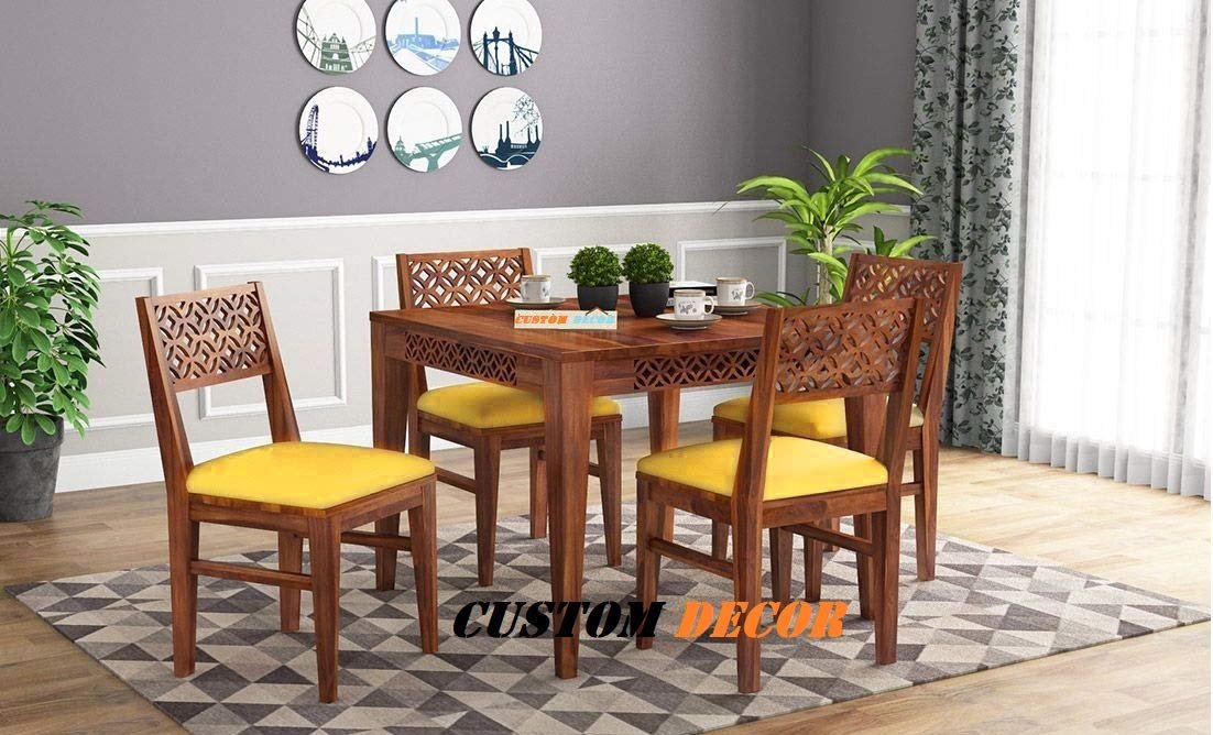 617Vv3zq3fL._SL1102_ Custom Decor CNC Cuting Sheesham Wood Dining Table 4 Seater | Wooden Dining Room Furniture | 4 Chairs with Yellow Cushion | Honey Teak Brown Finish