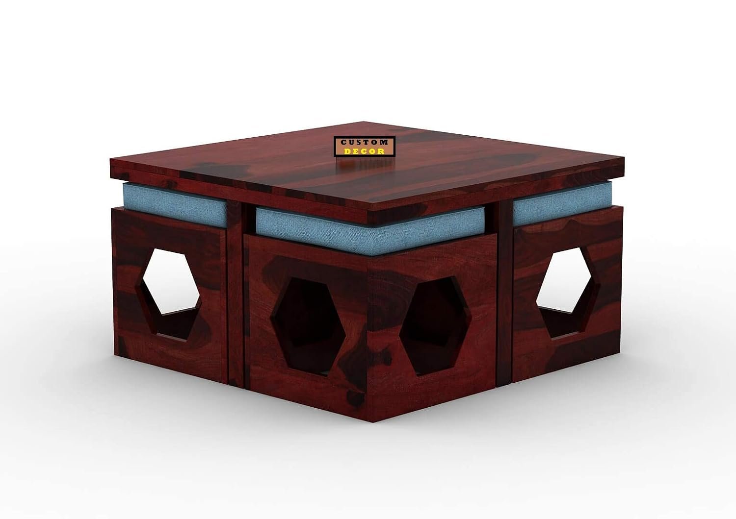 618Y6v7f7kL._SL1500_ Custom Decor Wooden Coffee Table with 4 Stools for Living Room | Mahogany Finish with Cushion (Design 4, Blue) - Image 4