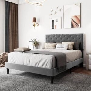 Custom Decor Fabric Upholstered King Size Bed with Button Tufted Headboard for Bedroom || Solid Wood Bed | (Grey Kylian, King (U.K. Standard))